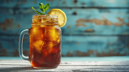 Iced tea with lemon and mint in a glass on wooden backgroundの素材