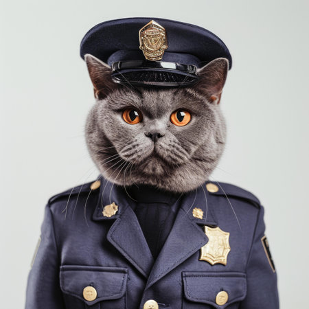 Portrait of a British Shorthair cat in a police uniformの素材