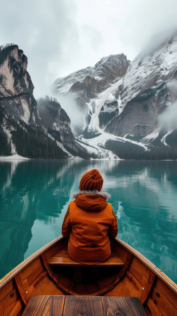 Woman sitting in a boat on Lake Braies in Dolomites, Italyの素材