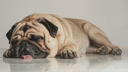 Pug dog lying on the floor with tongue out and looking upの素材