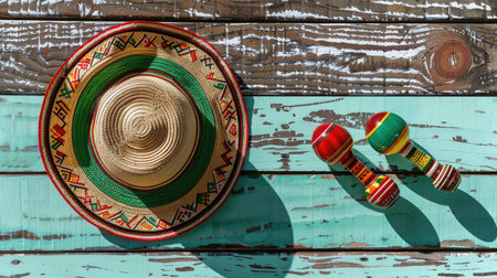 Mexican sombrero hat and dumbbells on wooden backgroundの素材