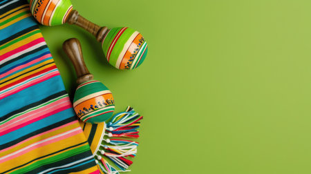 Mexican maracas and sombrero on green background with copy spaceの素材