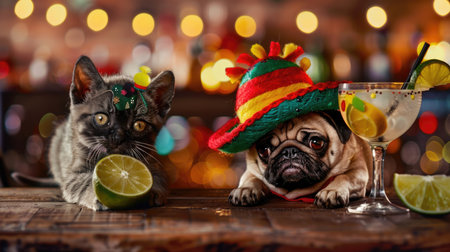 Funny pug dog and cat in a mexican sombrero hat on a bar background.の素材