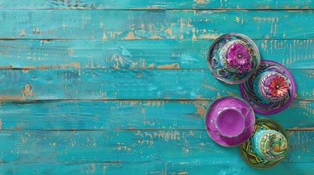 Colorful tableware on turquoise wooden background, top viewの素材