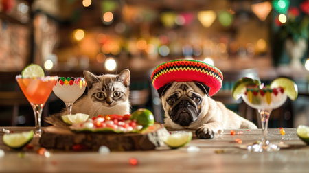Cute pug dog in sombrero and cat in a mexican sombrero sitting at the table in a restaurantの素材