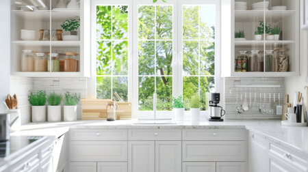 Modern white kitchen interior with window. 3d rendering mock up.の素材
