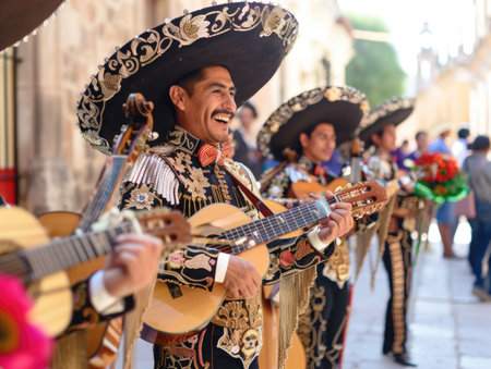 Group of people in traditional mexican sombrero playing guitar and singing in the street.の素材
