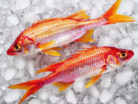 Red tilapia fish on ice background. Top view, flat layの素材