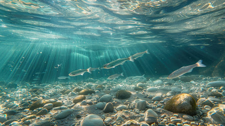 Underwater view of a fish swimming in the ocean with sunraysの素材