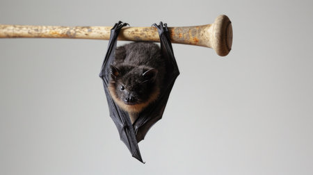 Bat hanging on a wooden stick, isolated on gray background. Close-up.の素材