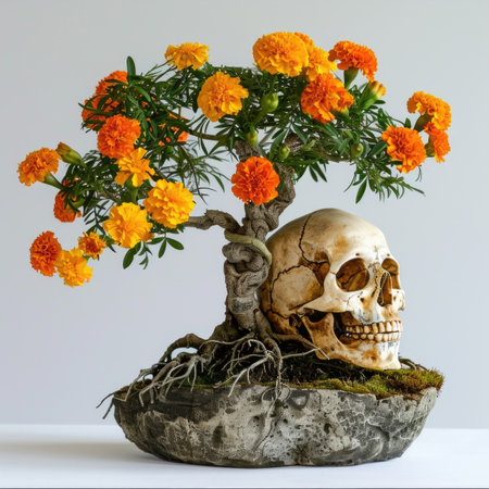 Skull with marigold flower in pot on white background.の素材
