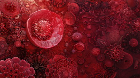 3d illustration of red blood cells with virus cells in abstract backgroundの素材