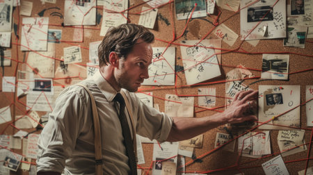 Portrait of a man in a shirt and tie standing in front of a wall full of postcardsの素材