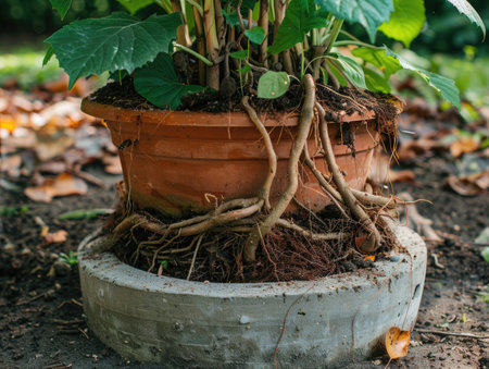 Plant in a clay pot with roots growing over pot on the ground in the gardenの素材