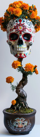 Day of the Dead sugar skull with marigold flowers in potの素材
