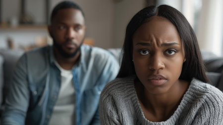 Unhappy african american couple sitting on sofa at home and looking at cameraの素材