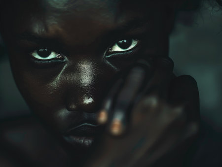 Portrait of a young african american woman with dark skin and makeupの素材