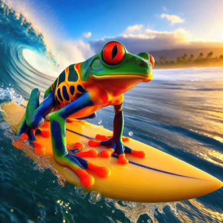 illustration of funny frog on surfboard in the ocean at sunsetの素材