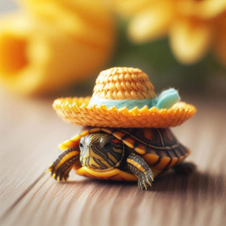 turtle wearing a straw hat with yellow tulips in the backgroundの素材