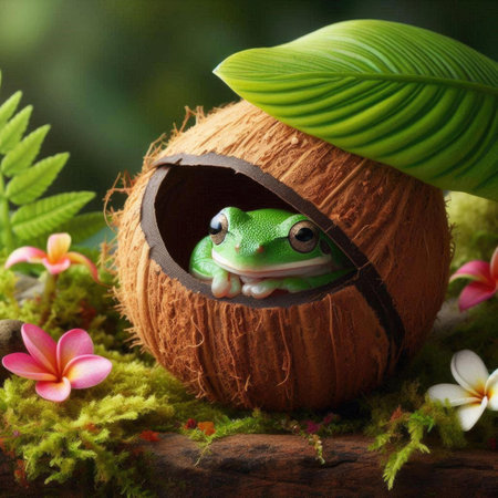 Frog in the shell of a coconut on a background of green leavesの素材