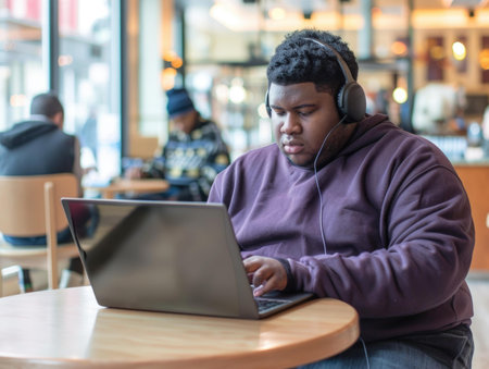 Young african american man with headphones using laptop in cafe.の素材