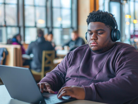 Young african american man with headphones using laptop in cafe.の素材