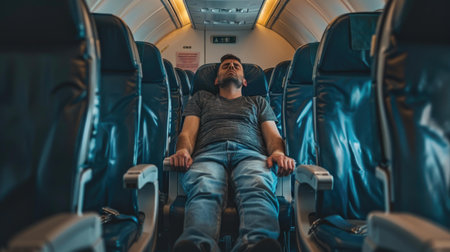 Man sleeping on the seat in an airplane. He is tired of traveling.の素材