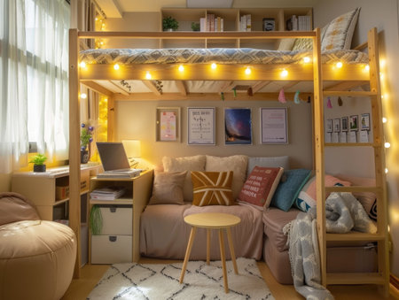 Interior of a children's room with a wooden bunk bed.の素材