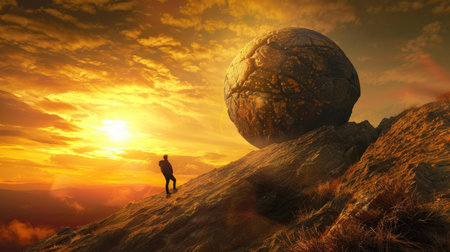Man looking at the big rock. 3d render and illustration.の素材