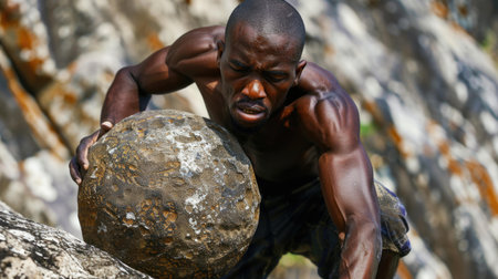 Athletic black man exercising with a big stone on the beachの素材