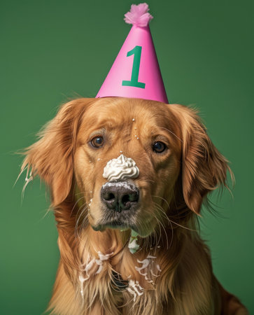 Cute Golden Retriever dog with birthday cap on green backgroundの素材