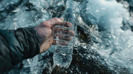 A man holds a plastic bottle in his hand on the background of frozen waterの素材