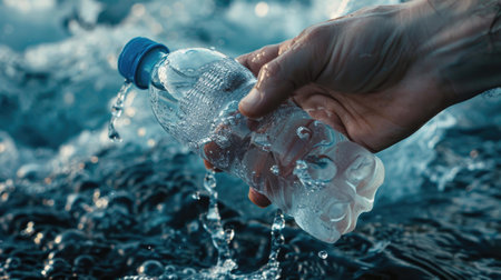 Close-up of hand holding plastic bottle with water splashes.の素材