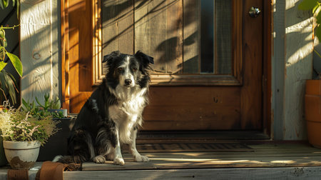 Border collie sitting on the porch of an old wooden house.の素材
