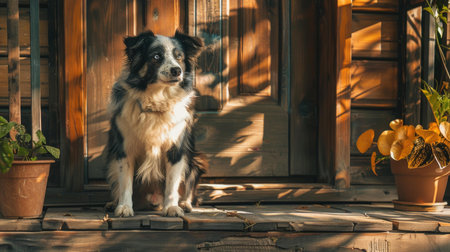 Border Collie dog sitting on the porch of a country house.の素材