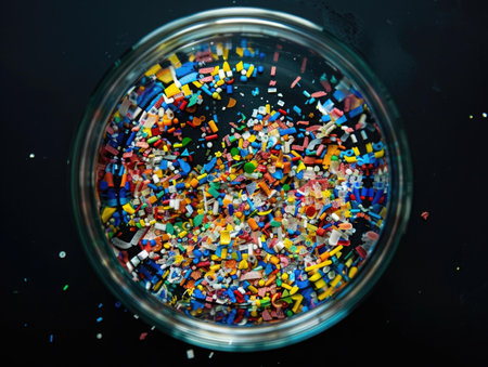 Colorful confetti in a glass jar on a dark background.の素材