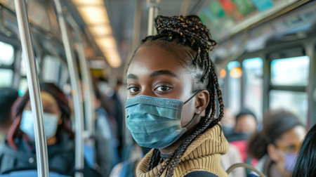 Young african american woman wearing face mask in public transport.の素材
