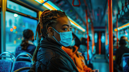 Young african american woman wearing face mask in public transportation.の素材