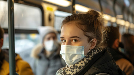 Young woman in a medical mask on the background of people in the subway.の素材