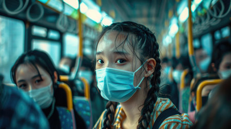 Asian child girl wearing face mask to protect against virus in public transport.の素材