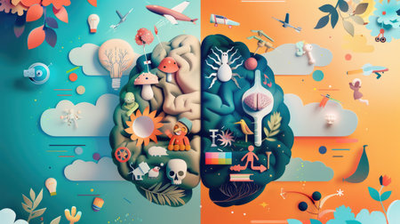 Human brain with social media icons. Vector illustration in 3d styleの素材