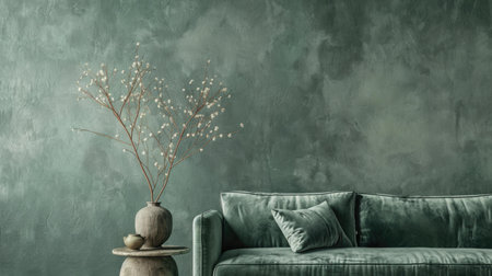 Modern living room interior with a green sofa and a vase with dried flowersの素材