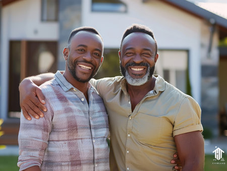 Portrait of smiling father and son standing in front of new houseの素材