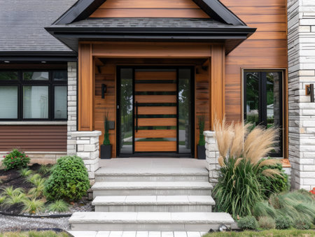 Entrance of modern house with wooden door and stone stairs. Northwest, USAの素材