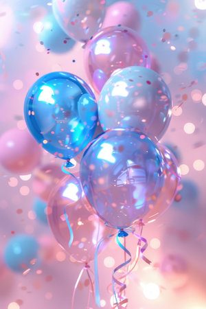 Colorful balloons and confetti on blue background. 3d renderingの素材