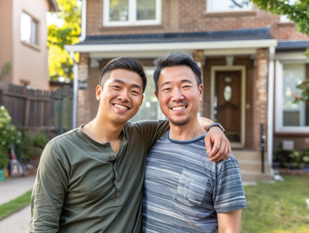 Portrait of two asian men standing in front of their new houseの素材
