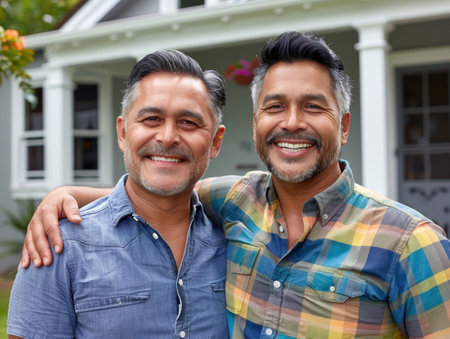Portrait of a happy Indian gay couple in front of their new houseの素材