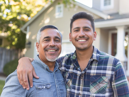 Portrait of smiling father and son standing in front of new houseの素材