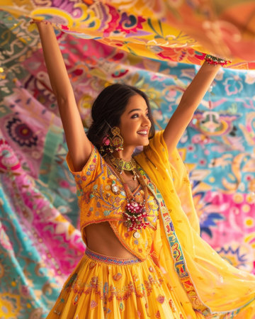 Beautiful Indian girl in traditional costume dancing on colorful fabric background.の素材