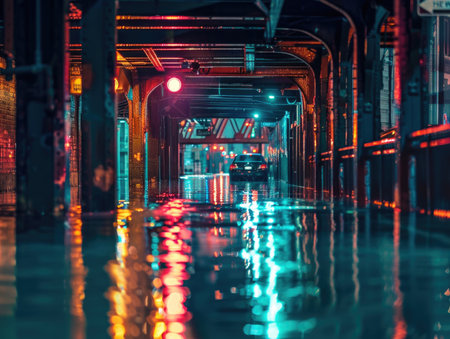 Traffic in a tunnel at night with lights reflected in the waterの素材